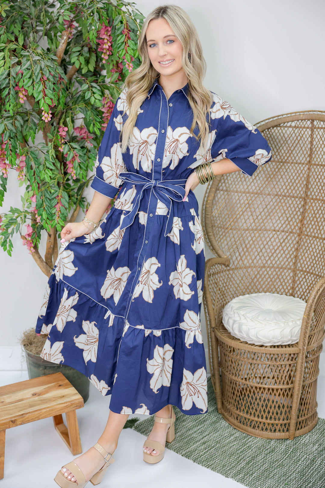 Demi Floral Print  3/4 Sleeve Midi Dress "Navy"