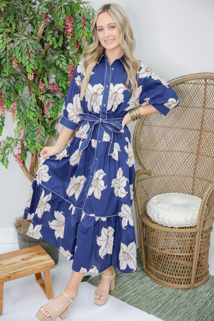Demi Floral Print  3/4 Sleeve Midi Dress "Navy"