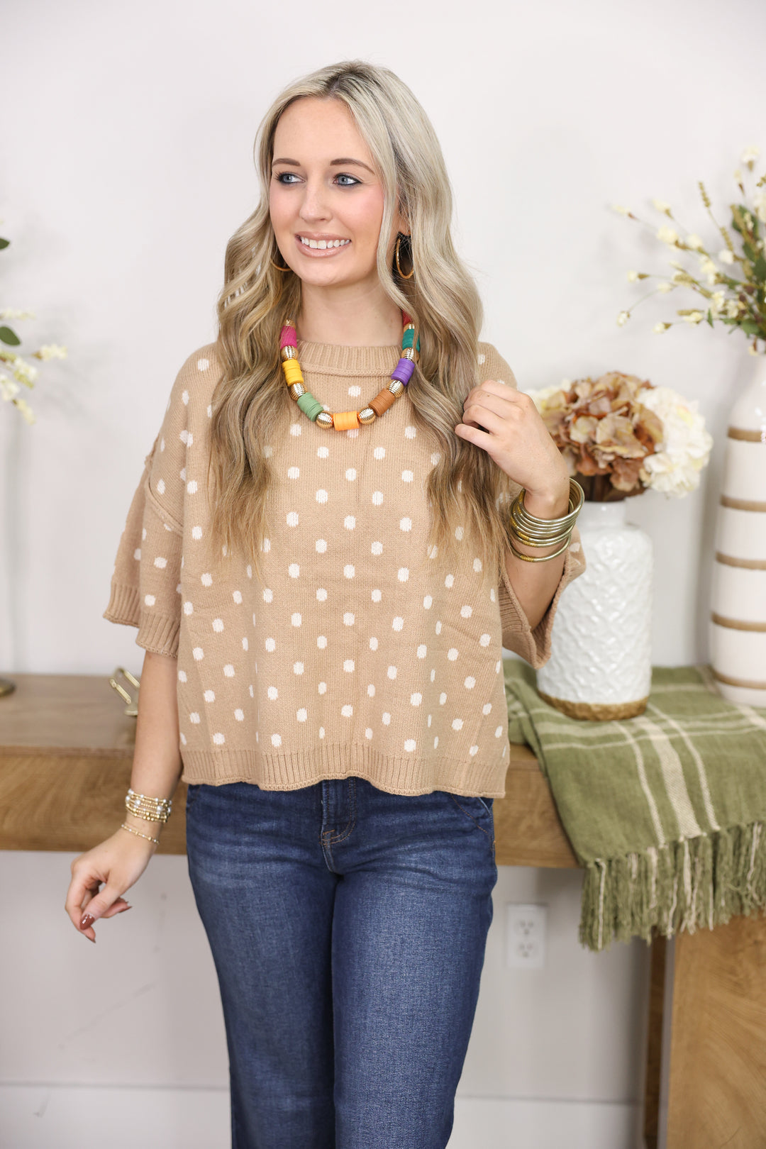 Polka Dot Round Neck Short Sleeve Sweater Top "Camel"