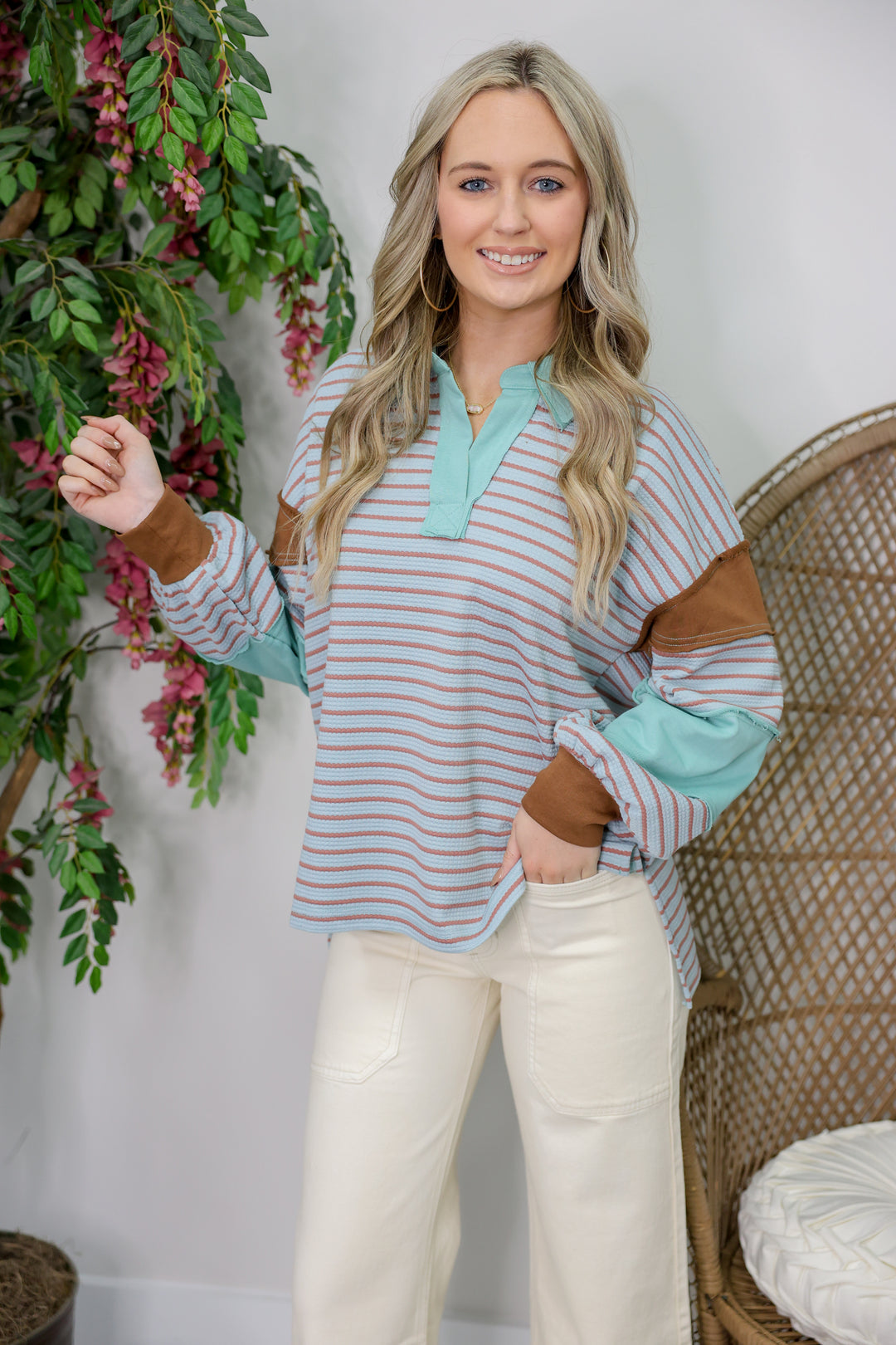 Colorblock Stripe Top "Dusty Blue"