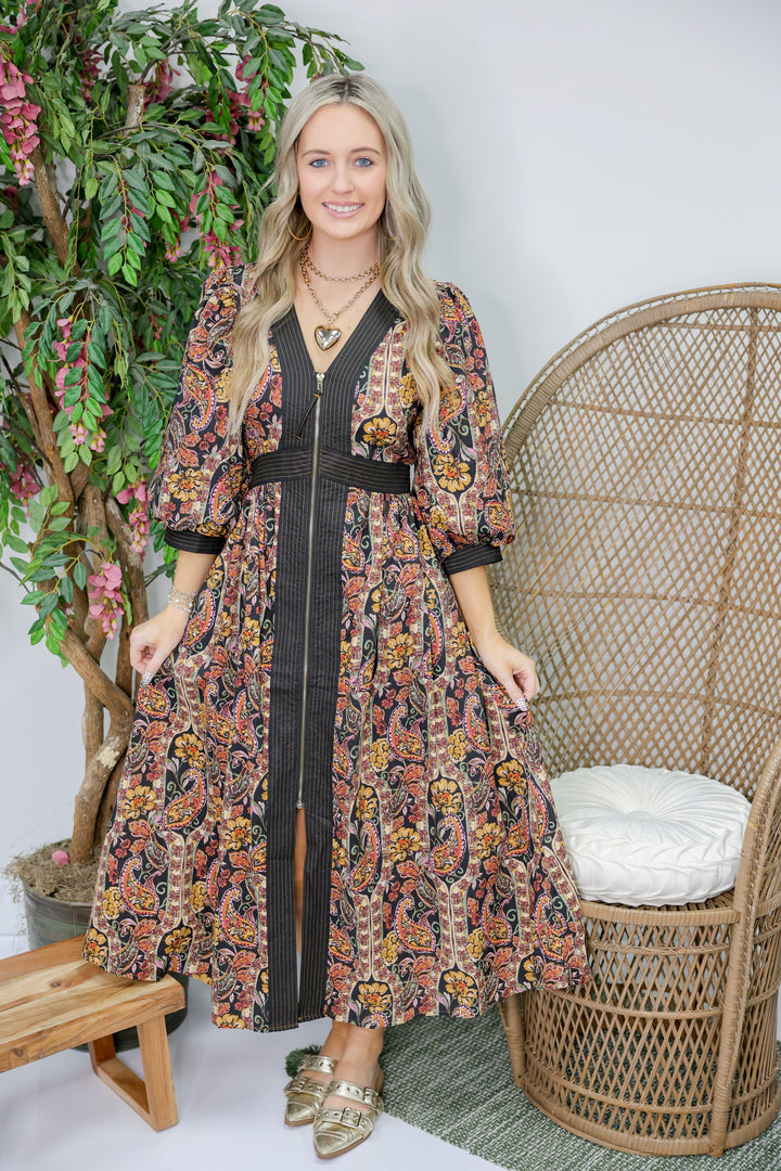 Paisley Print Puff Sleeve Midi Dress "Black"