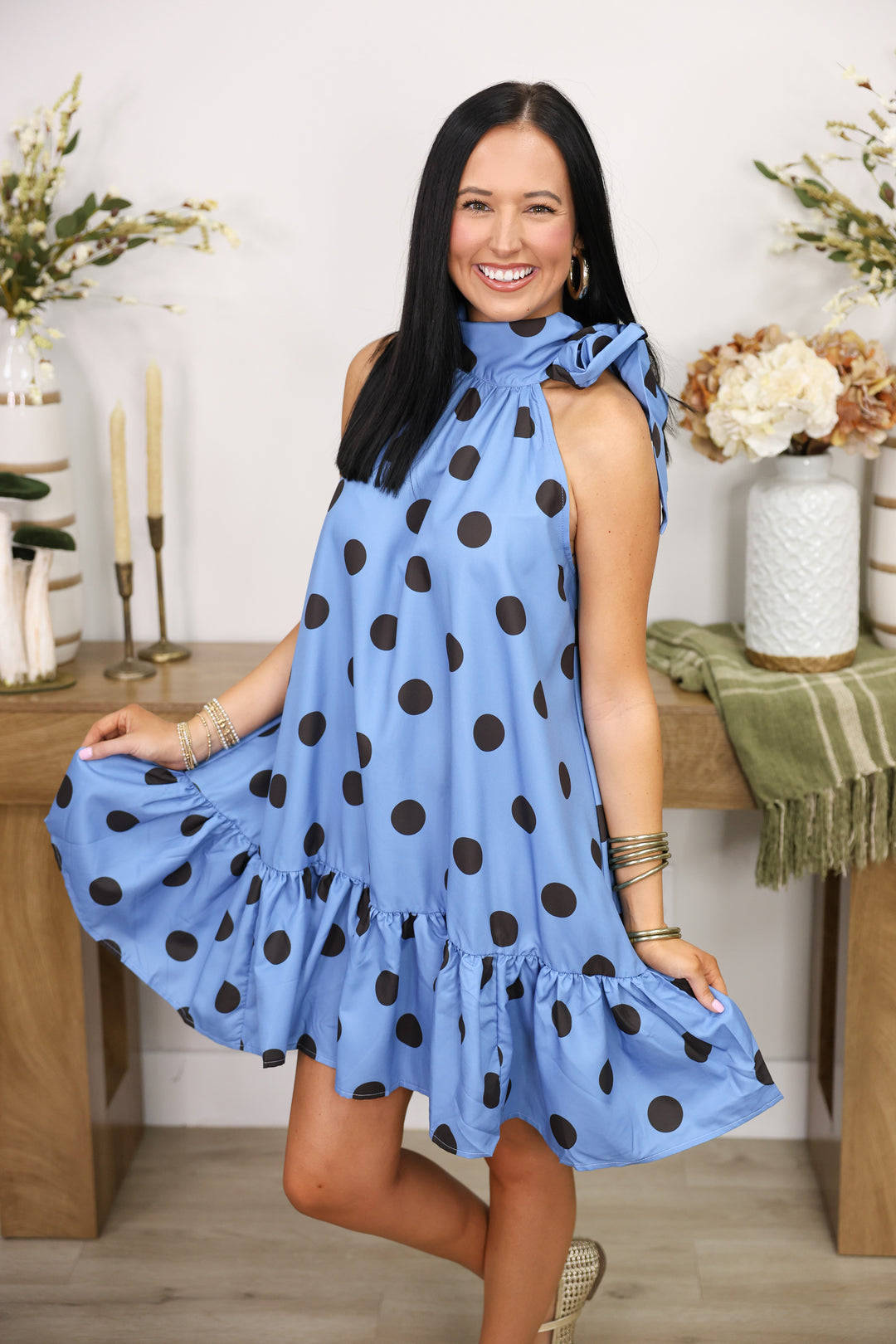 Tie Neck Sleeveless Polka Dot Mini Dress "Slate"