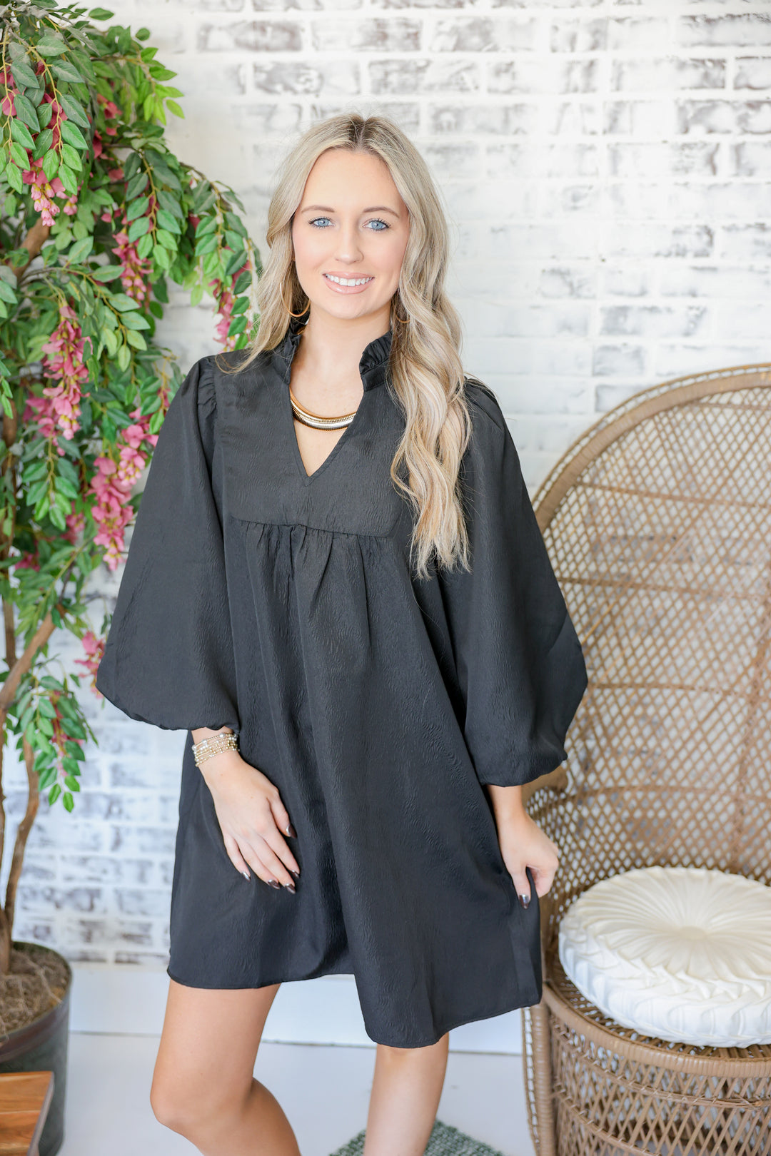 3/4 Balloon Sleeves Babydoll Dress "Black"