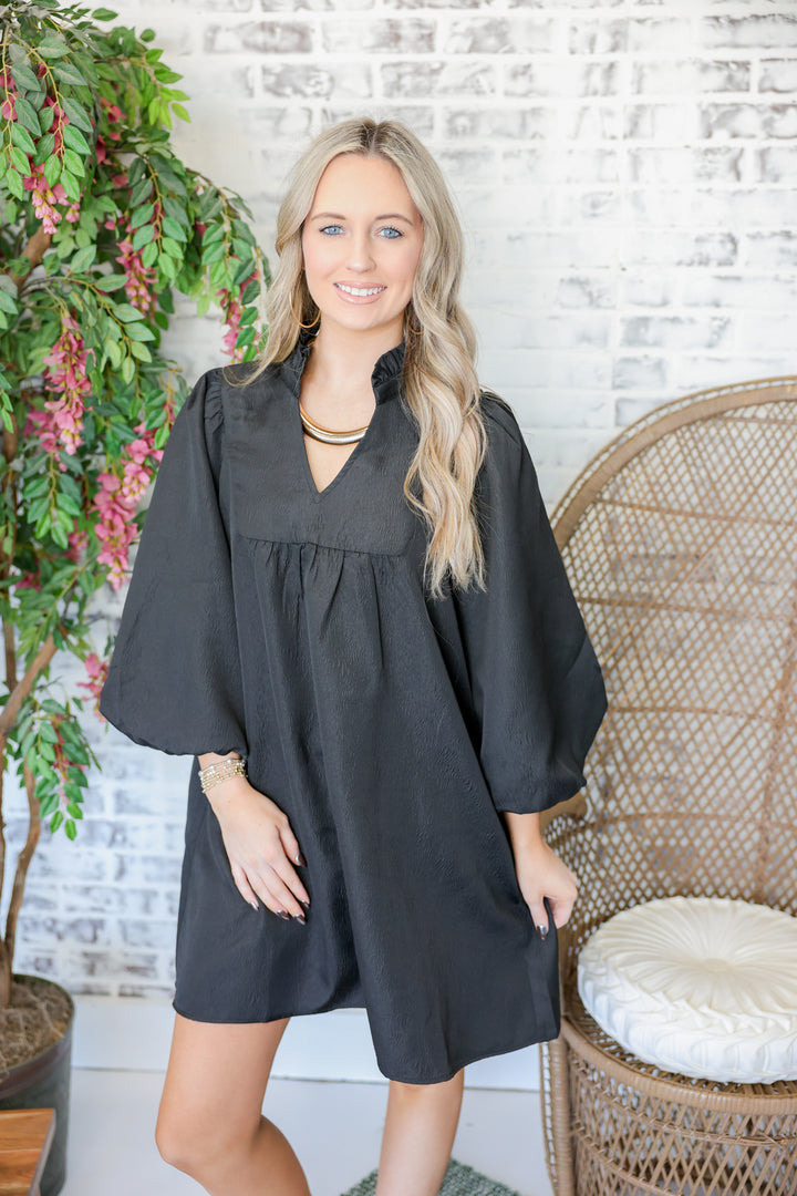 3/4 Balloon Sleeves Babydoll Dress "Black"