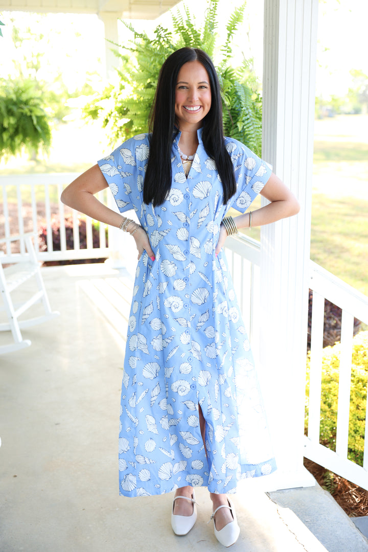 Shell Print Short Sleeve Midi Dress "Blue"
