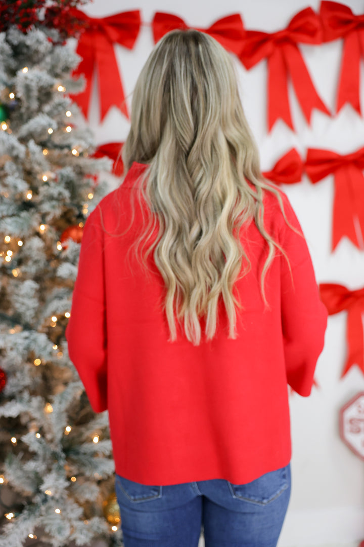 Mock Neck Bell Sleeve Sweater "Red"
