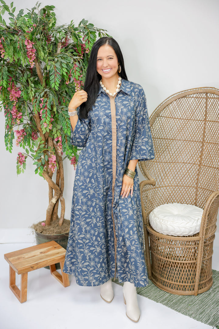 Floral Print 3/4 Sleeve Midi Dress "Dk Navy"