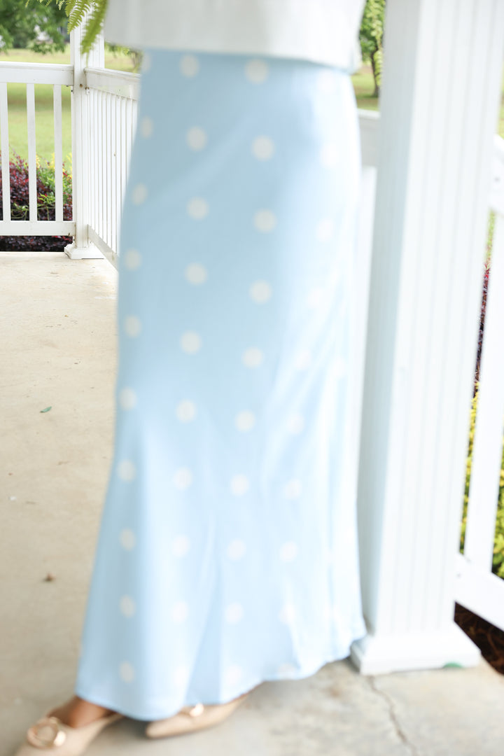 Polka Dot Satin Midi Skirt W/ Elastic Waist "Lt Blue/White"