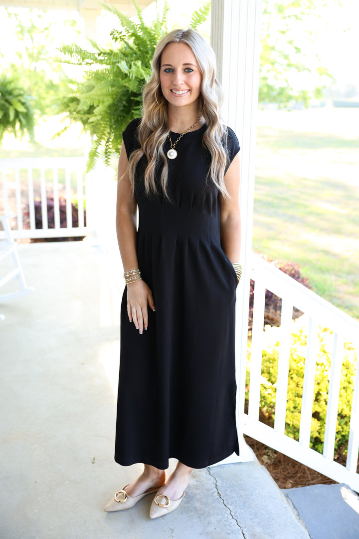 Solid Cap Sleeve W/ Pintuck Waist Midi Dress "Black"