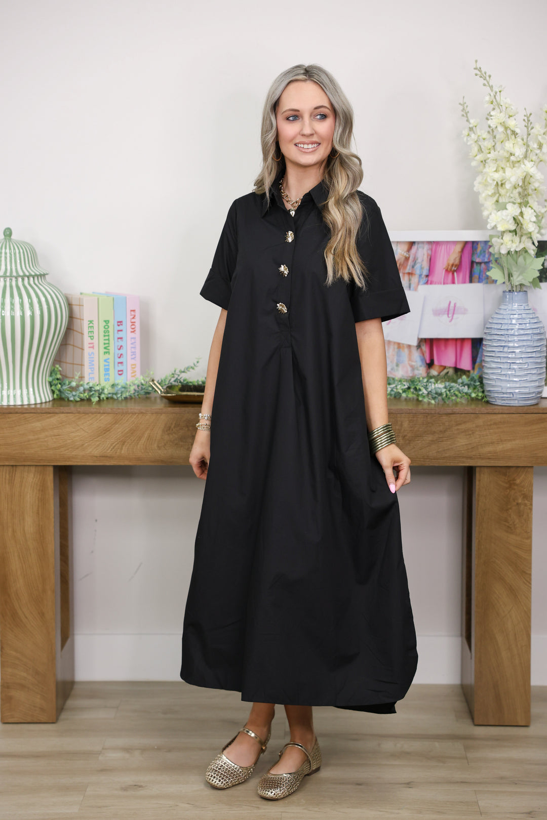 Solid Short Sleeve Midi Dress