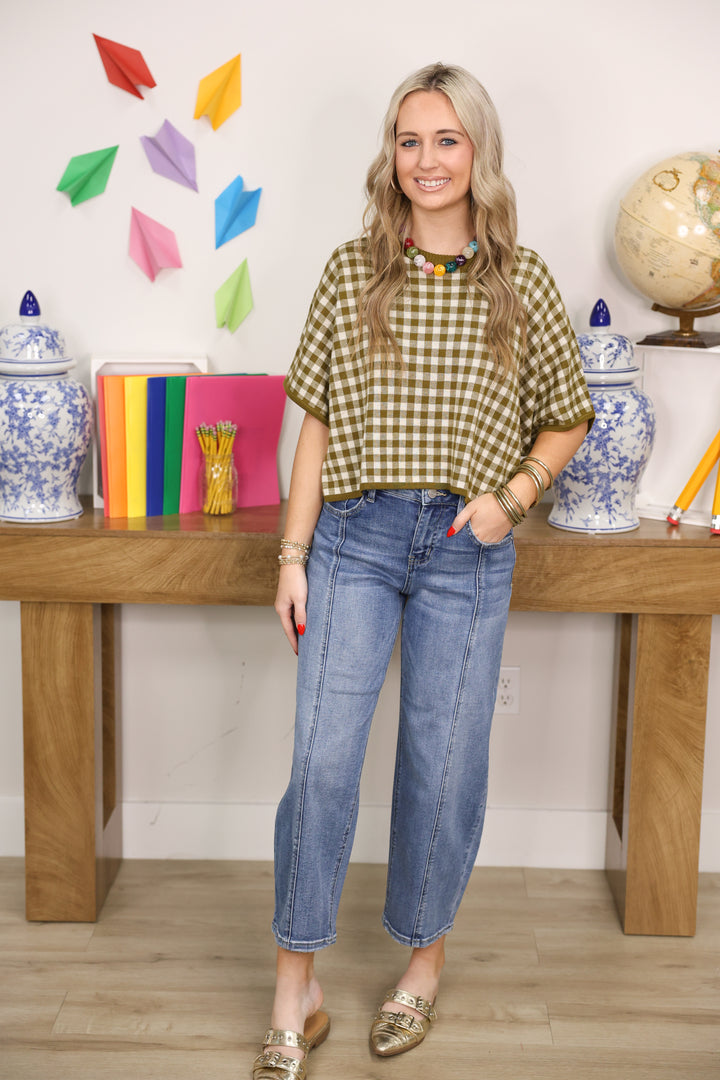 Gingham Sweater Top "Olive"