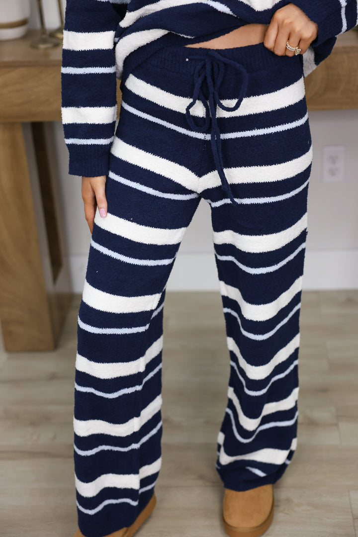 Long Sleeve Stripe Sweater Top & Sweater Pants Set "Navy/Cream"