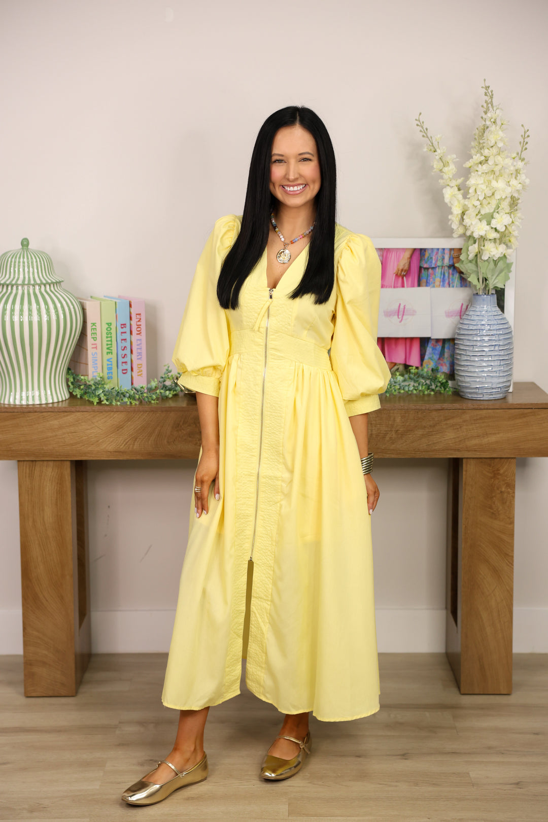 Gracious Solid 3/4 Sleeve Midi Dress "Yellow"