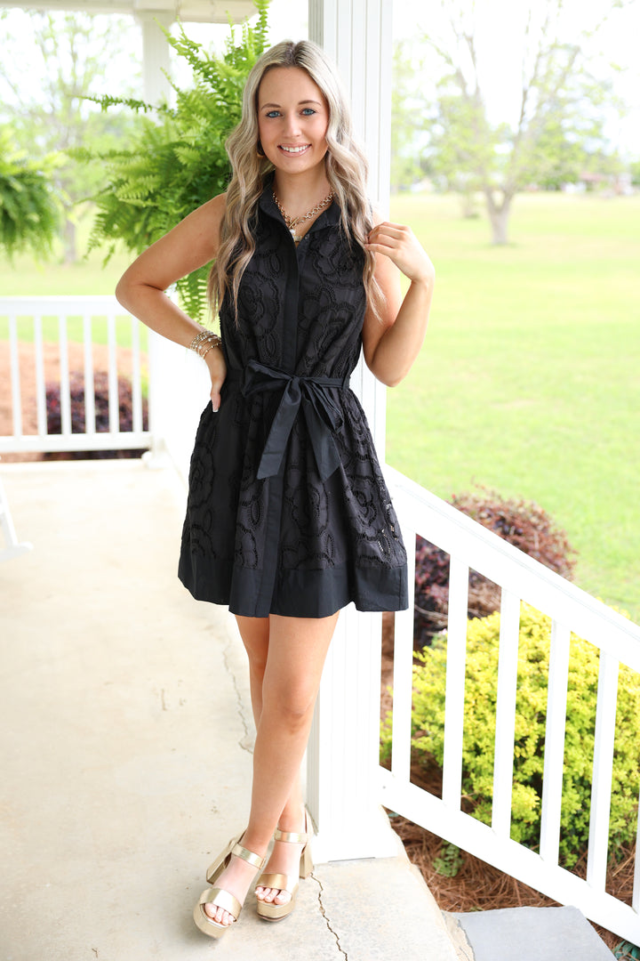 Floral Lace Overlay Solid Sleeveless Mini Dress "Black"