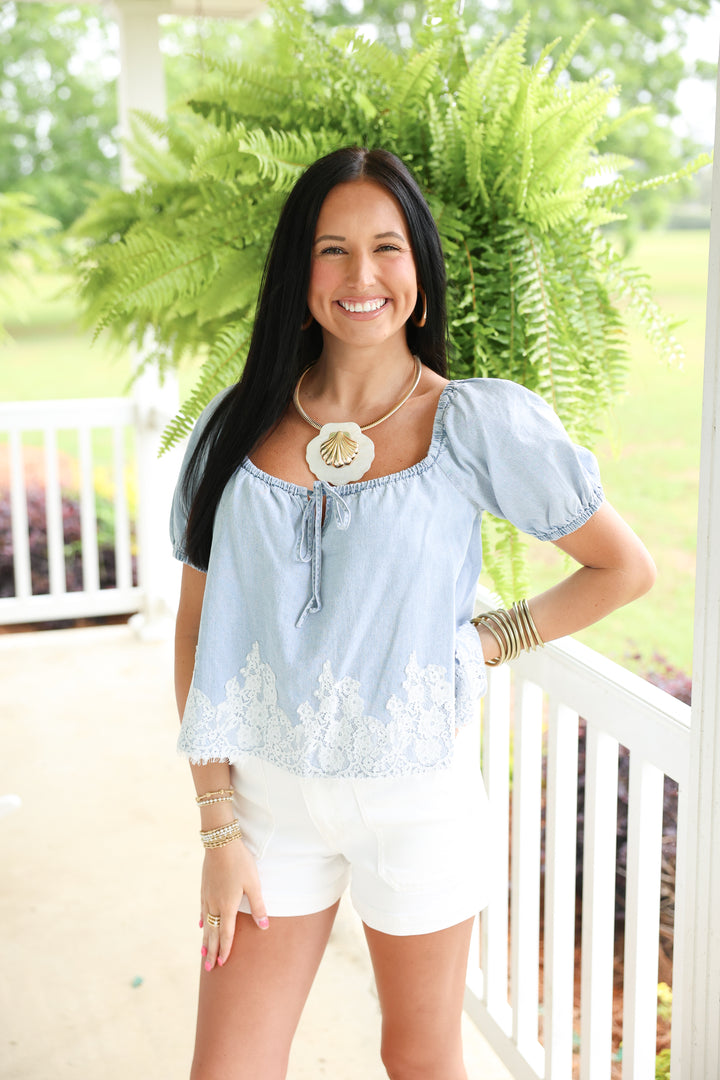 Square Neck Denim Top W/ Lace Detail