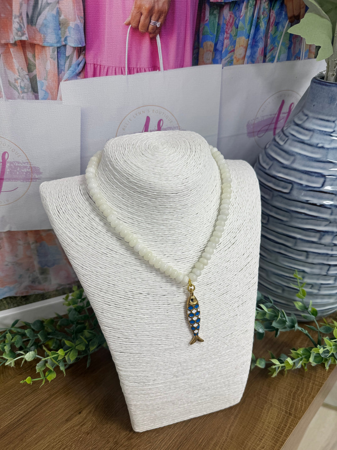 Hart Designs Jewelry - Cream Beaded Necklace "Blue/White Fish Charm"