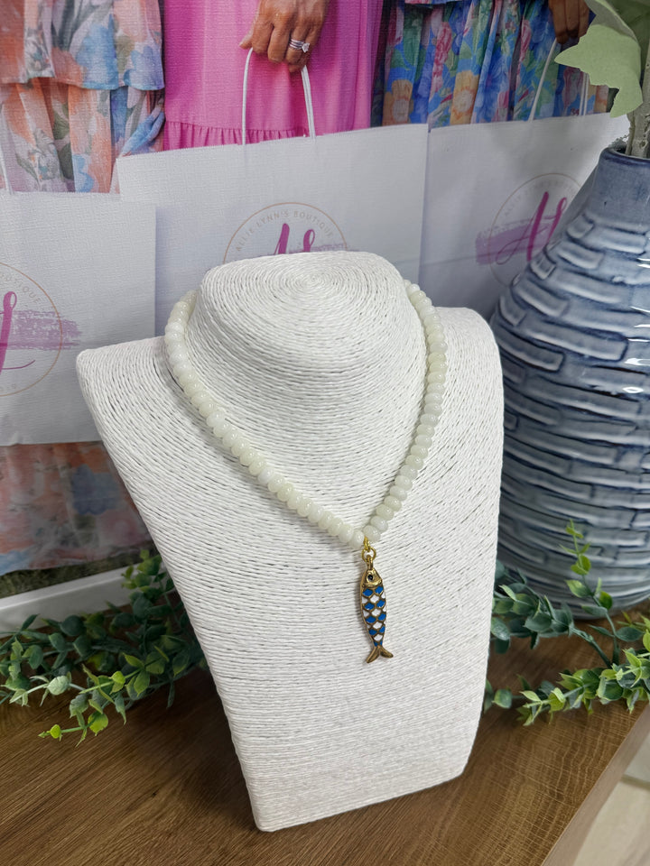 Hart Designs Jewelry - Cream Beaded Necklace "Blue/White Fish Charm"