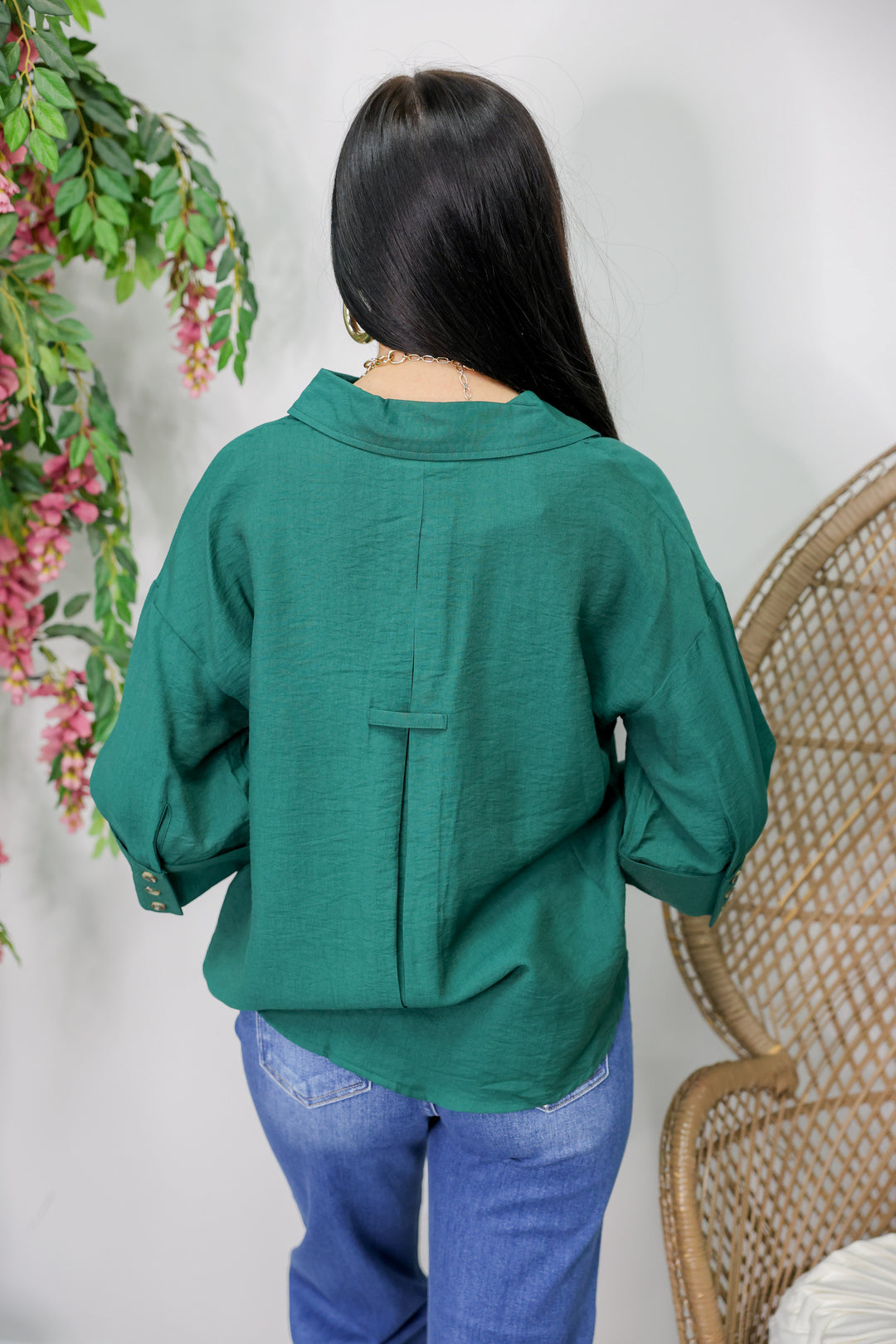 Solid Wide Cuff 3/4 Sleeve Button Front Top "H Green"