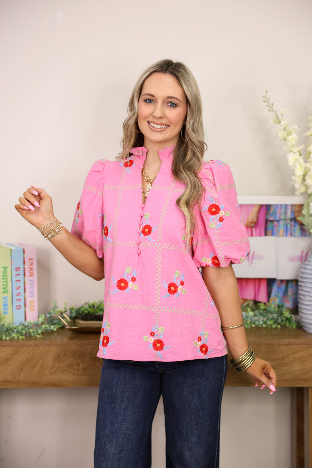 Floral Embroidered Top "Pink"