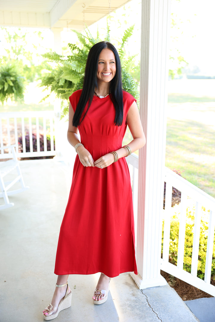 Solid Cap Sleeve W/ Pintuck Waist Midi Dress "Red"