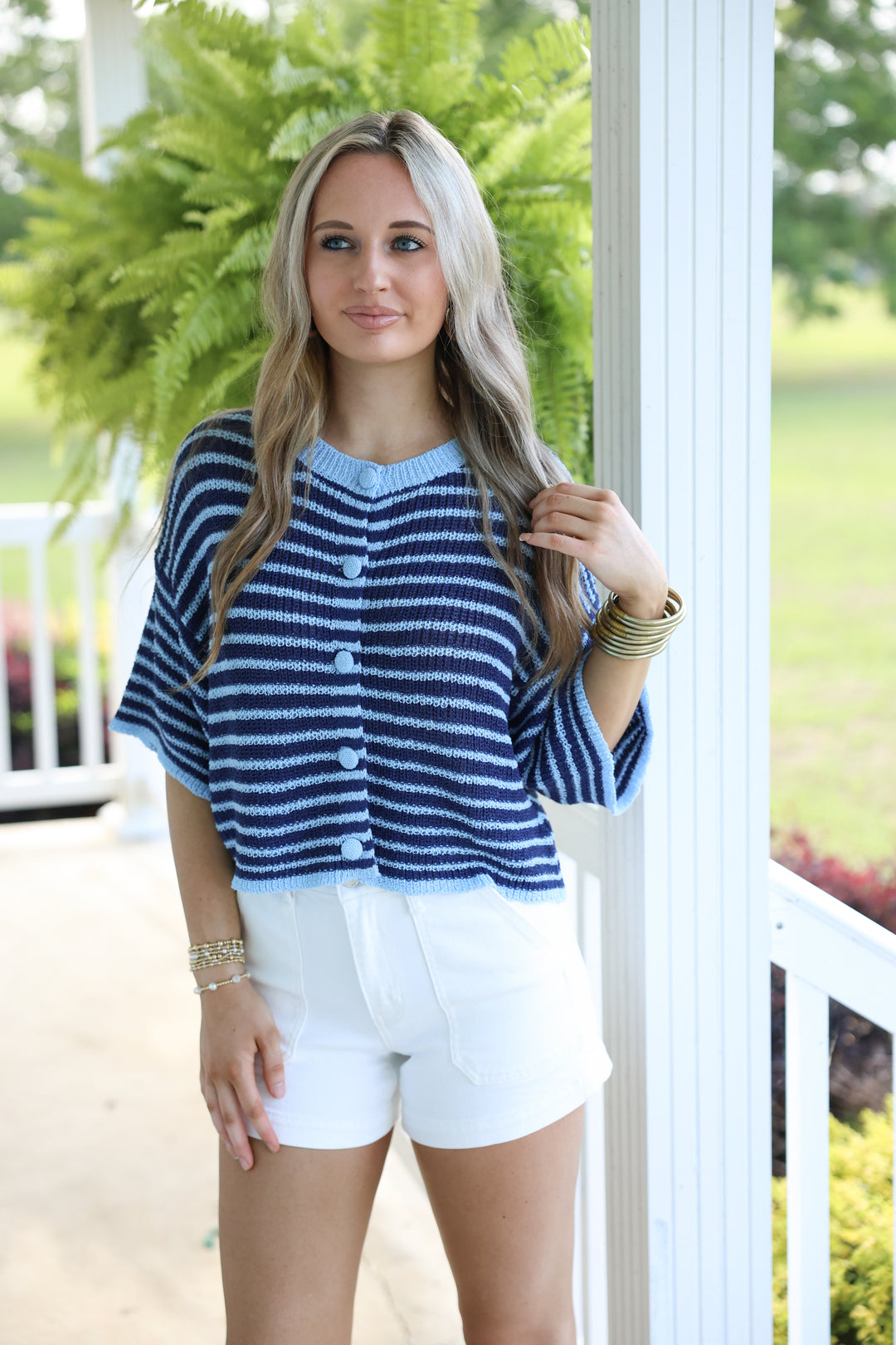 Harbor Stripe Button Top "Navy"