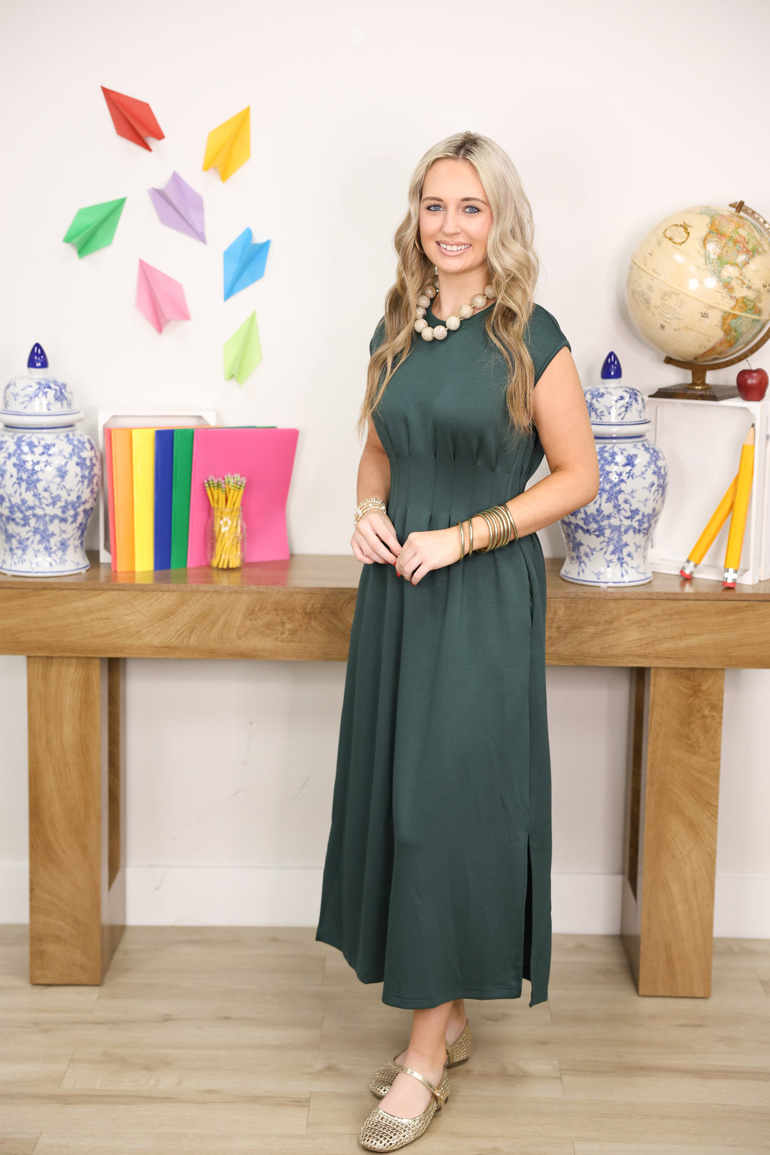 Solid Cap Sleeve W/ Pintuck Waist Midi Dress "Forest"