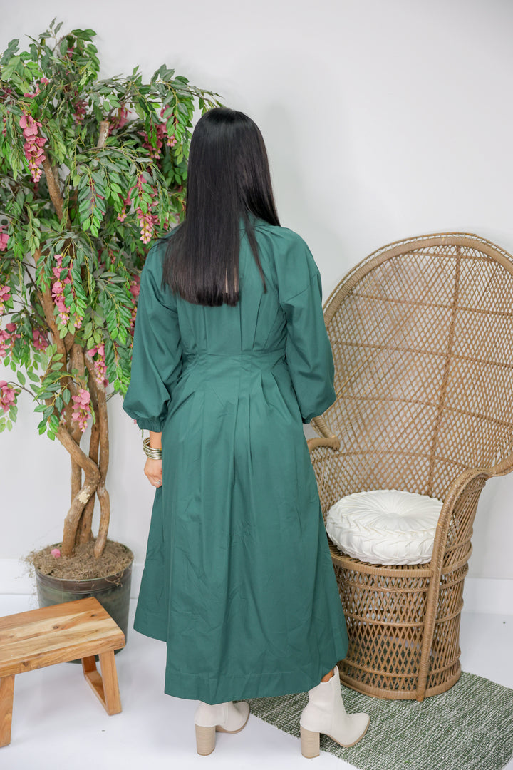 Mary Solid Long Sleeve Midi Dress "H Green"