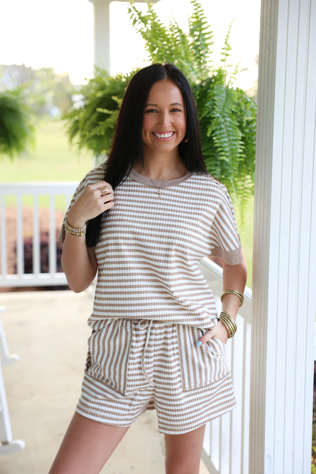 Striped Comfy Knit Top & Short Set "White/Oatmeal"
