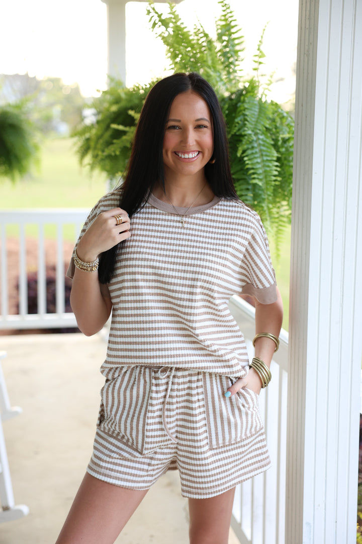Striped Comfy Knit Top & Short Set "White/Oatmeal"