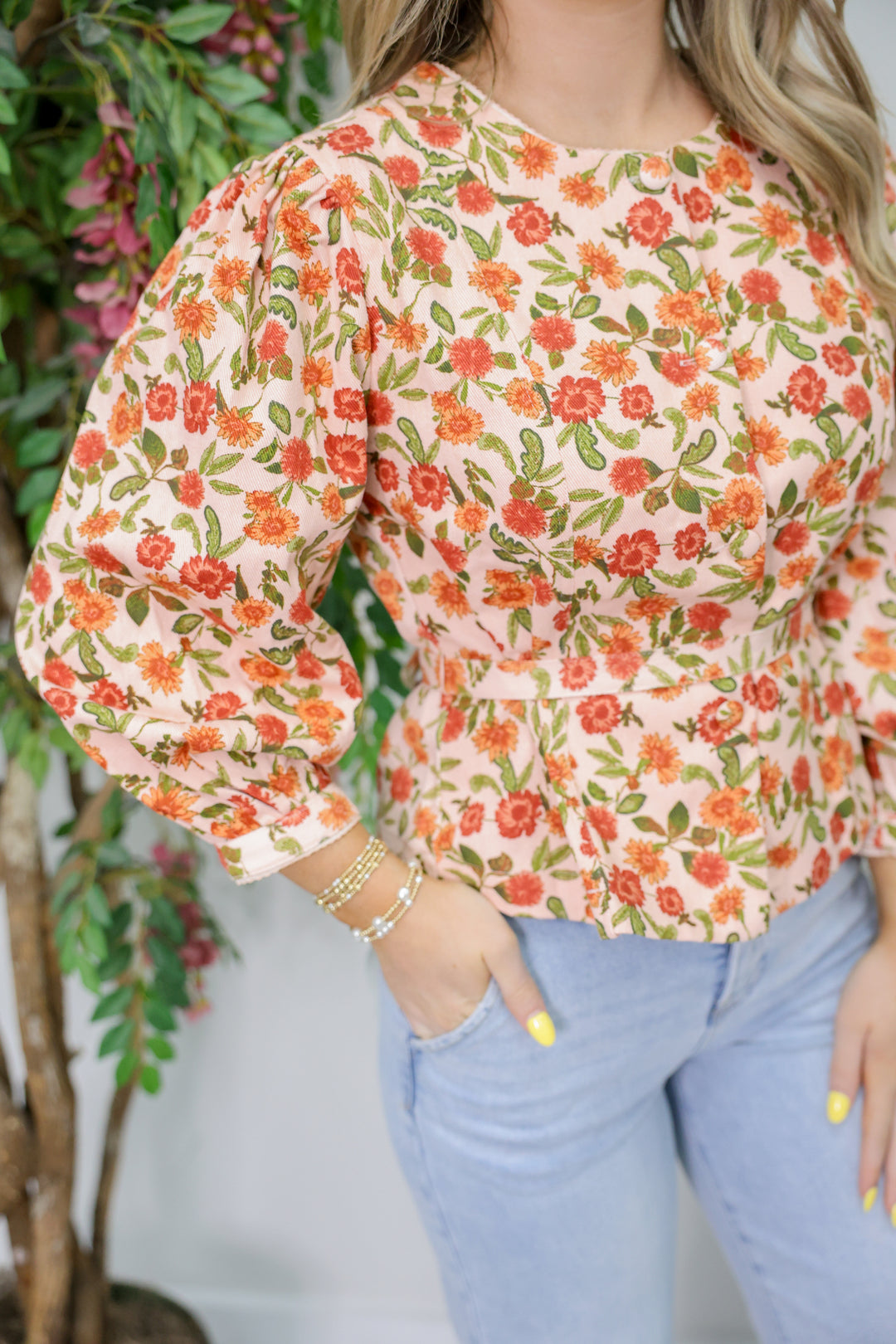 Peach Rust Floral Button Top