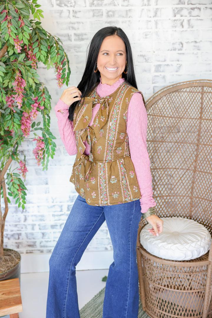 Botanical Print Sleeveless Peplum Vest "Brown"