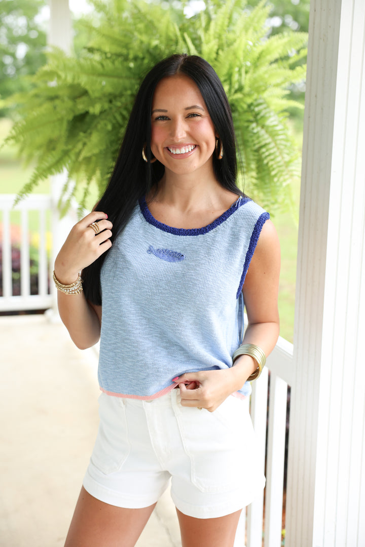 Beaded Fish Sleeveless Knit Top "Coastal Blue"