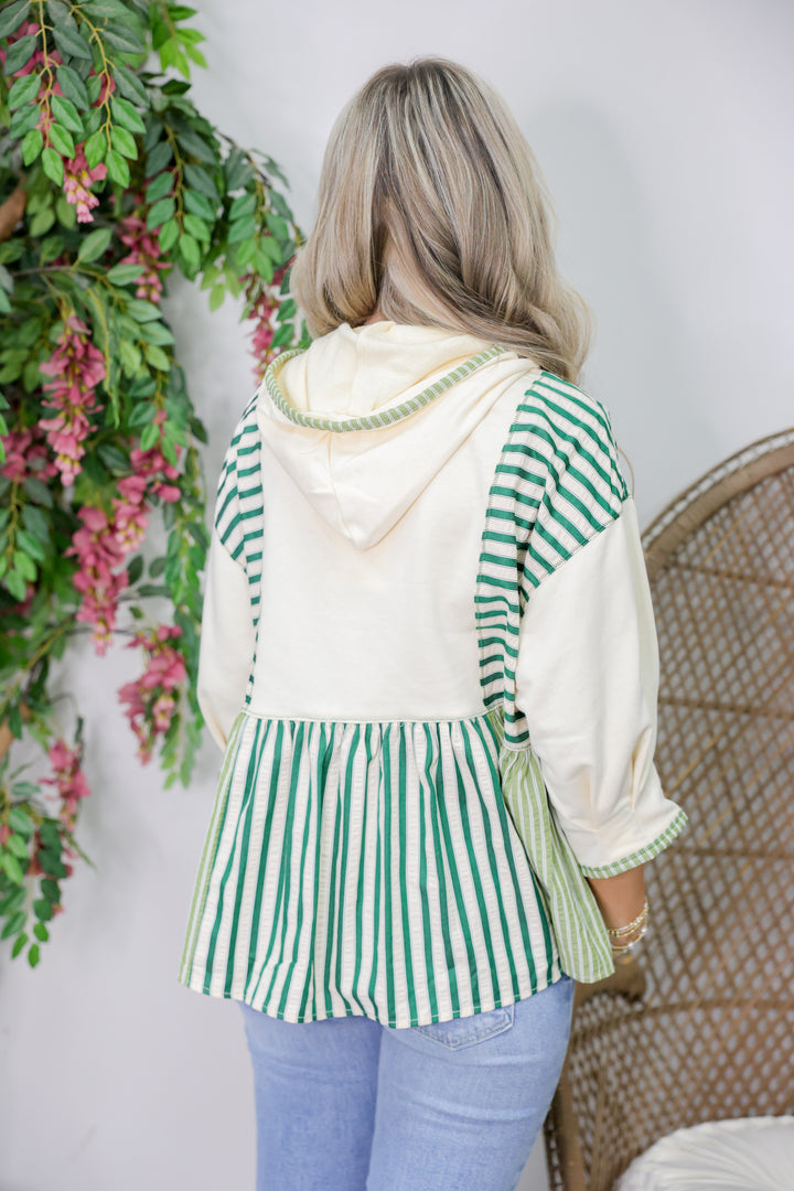 Striped 3/4 Sleeve Peplum Hoodie Top "H Green"