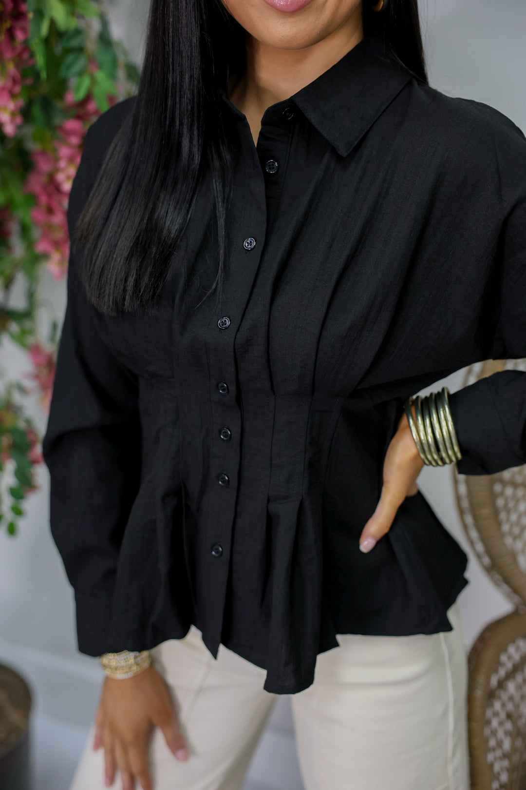 Long Sleeve Button Top "Black"
