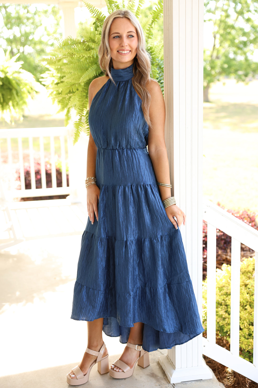 Halter Neck Tiered Maxi Dress Navy Medium