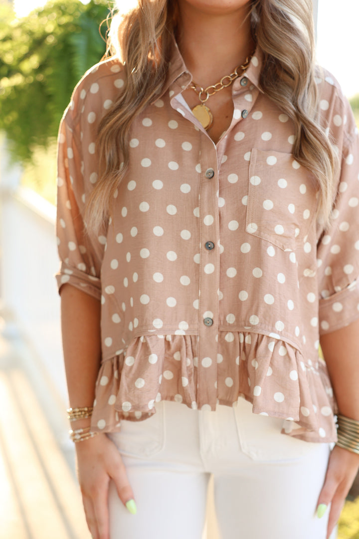 Polka Dot Short Sleeve Button Down Top "Sand"
