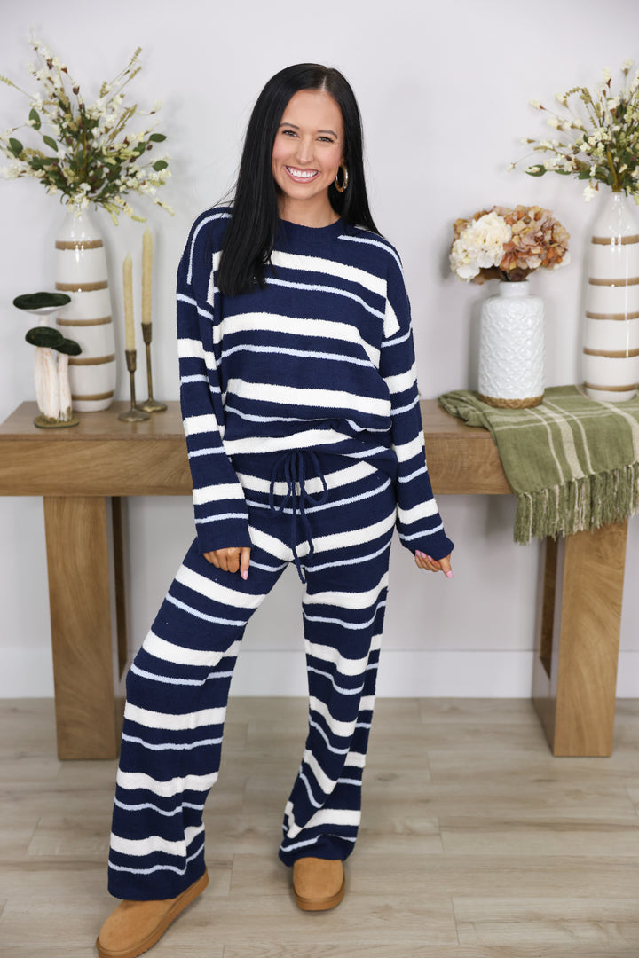 Long Sleeve Stripe Sweater Top & Sweater Pants Set "Navy/Cream"