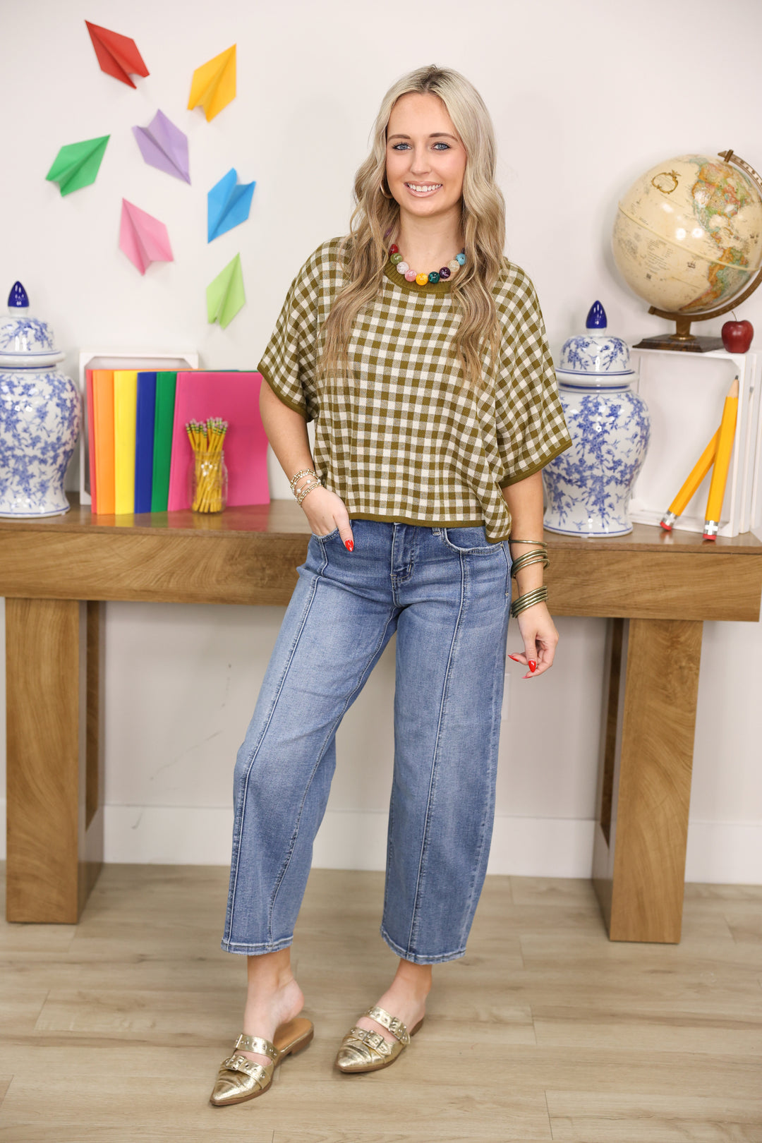 Gingham Sweater Top "Olive"