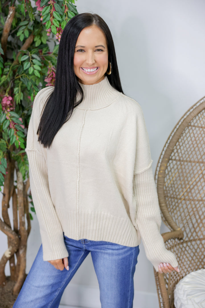 Solid High Neck Relaxed Fit Long Sleeve Sweater Knit Pullover