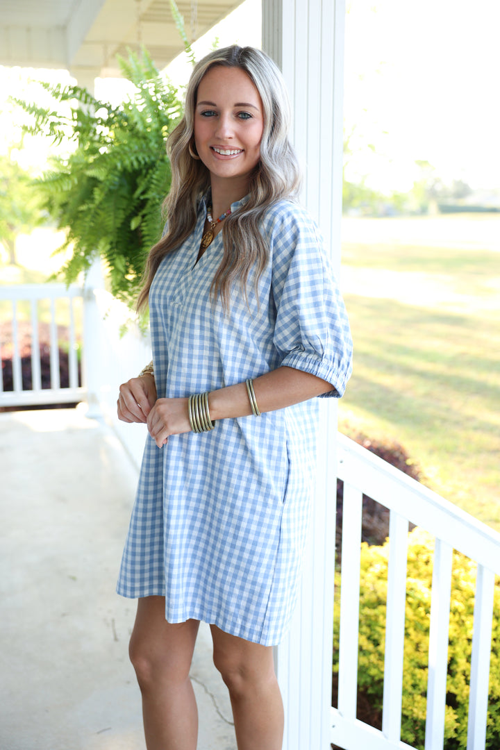 Southern Gingham Print Dress "Blue"