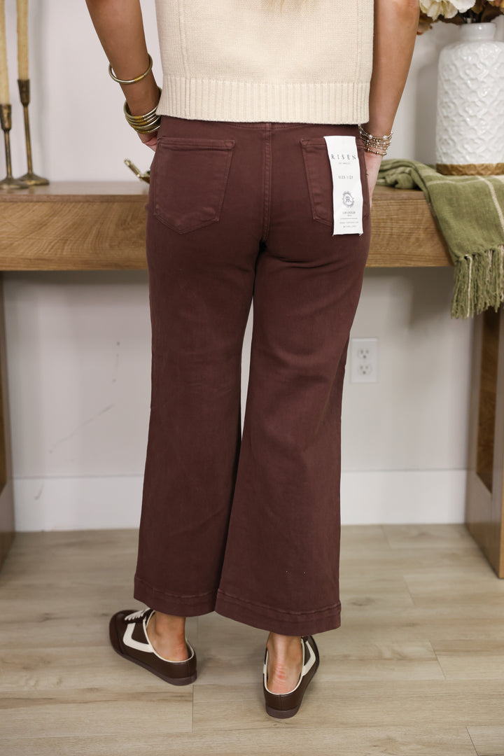 Risen - TC High Rise Crop Stretchy Wide Leg Pants "Choco Brown"