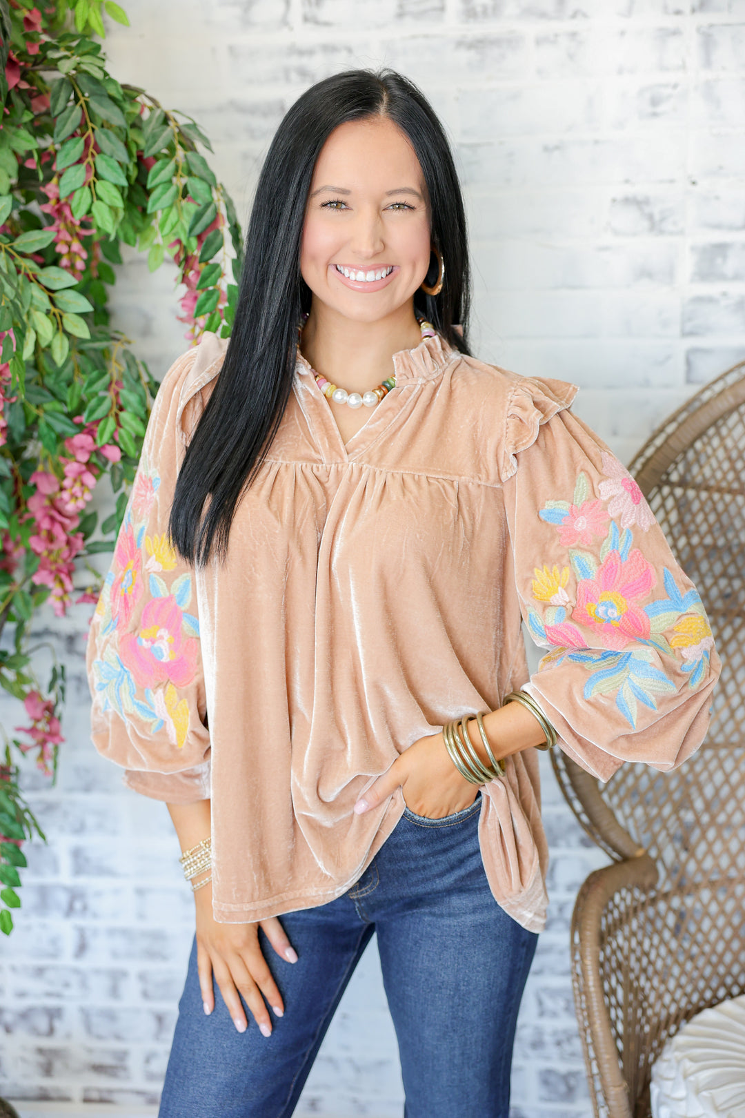 3/4 Floral Embroidery Sleeve Velvet Top "Champagne"