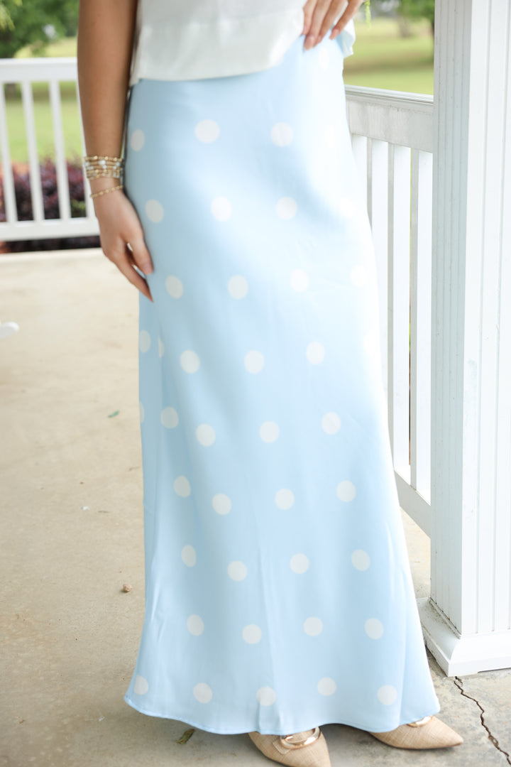 Polka Dot Satin Midi Skirt W/ Elastic Waist "Lt Blue/White"