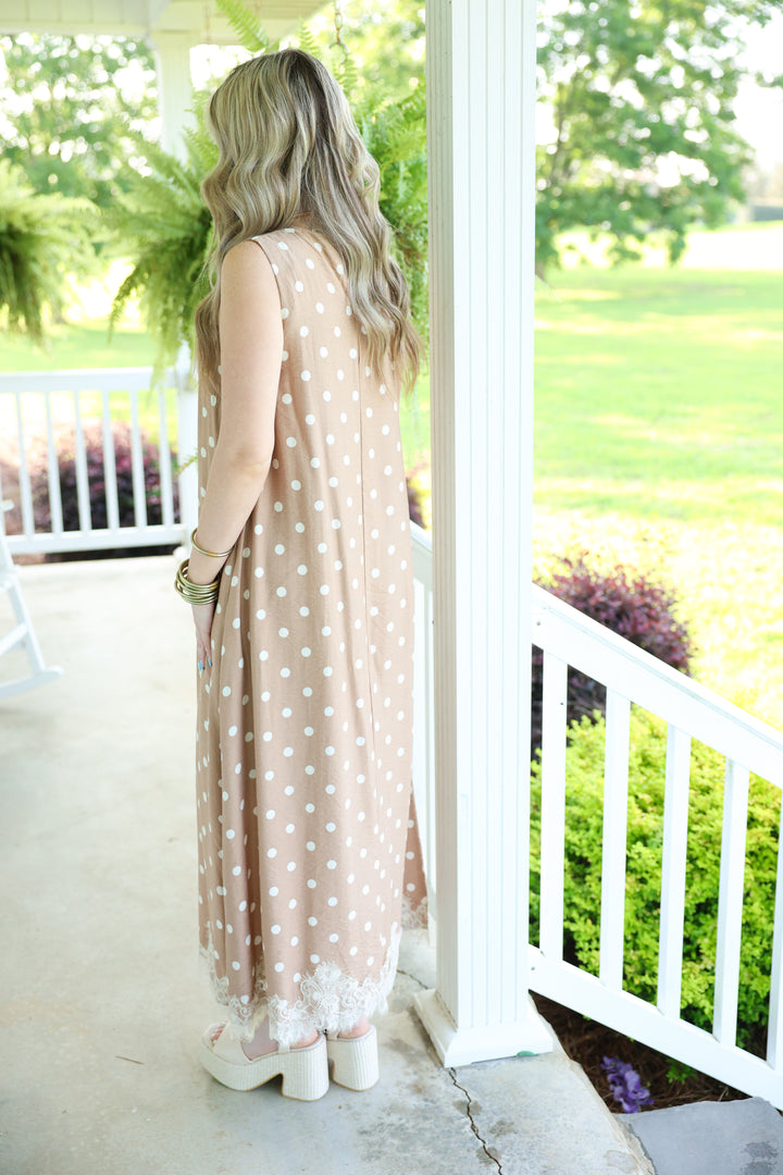 Polka Dot Sleeveless Midi Dress W/ Lace Trim Hem "Latte"