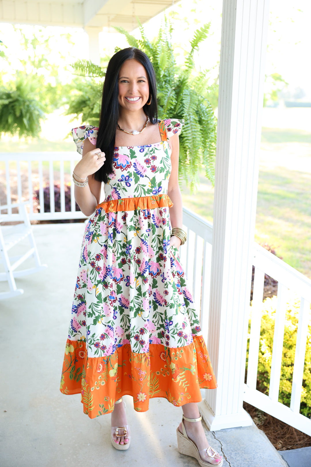 Exotic Garden Party Midi Dress Orange Multi Large Exotic Garden Party Midi Dress Orange Multi Large
