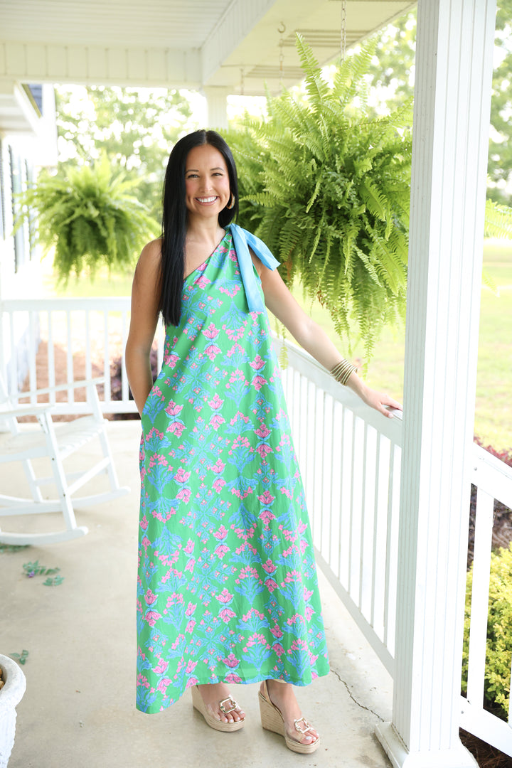 Seabreeze Floral One Shoulder Midi Dress "Green"