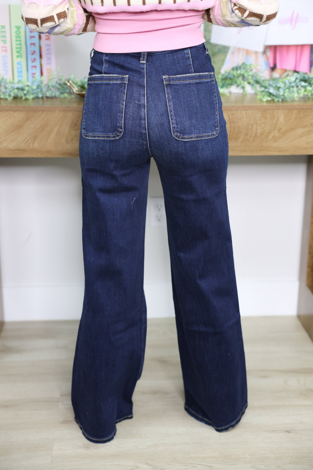 Stretch Front Two Pocket High Rise Flare Jeans "Dark Denim"