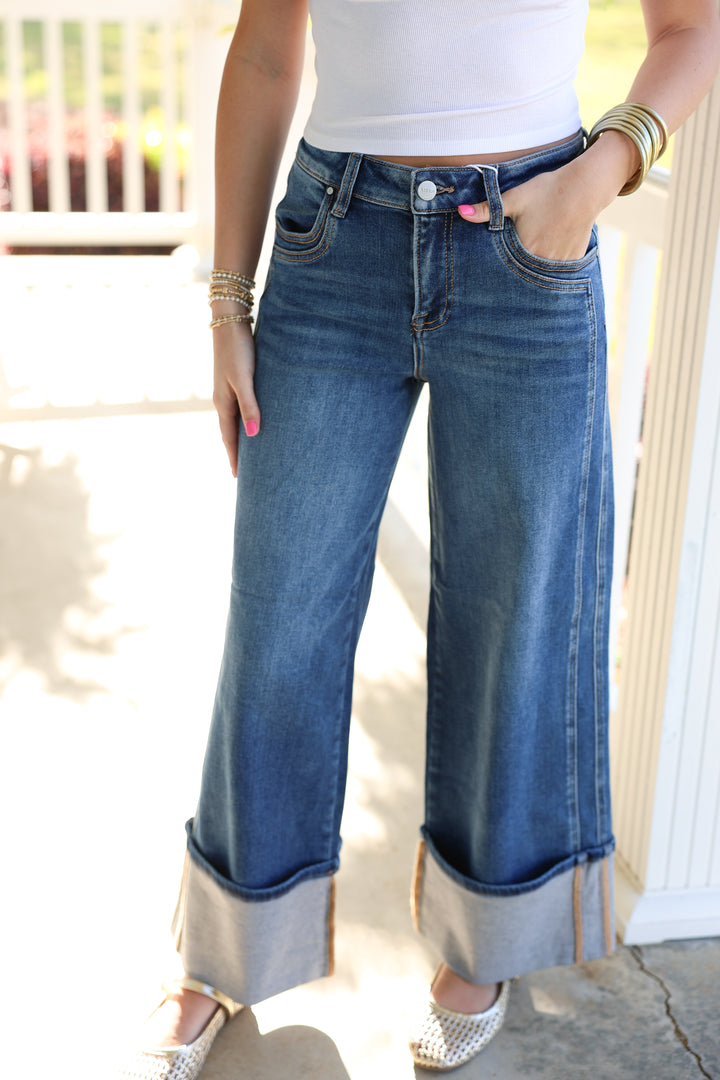 Risen - High Rise Wide Leg Cuffed Jeans W/ Double Front Pocket Detail "Dark"
