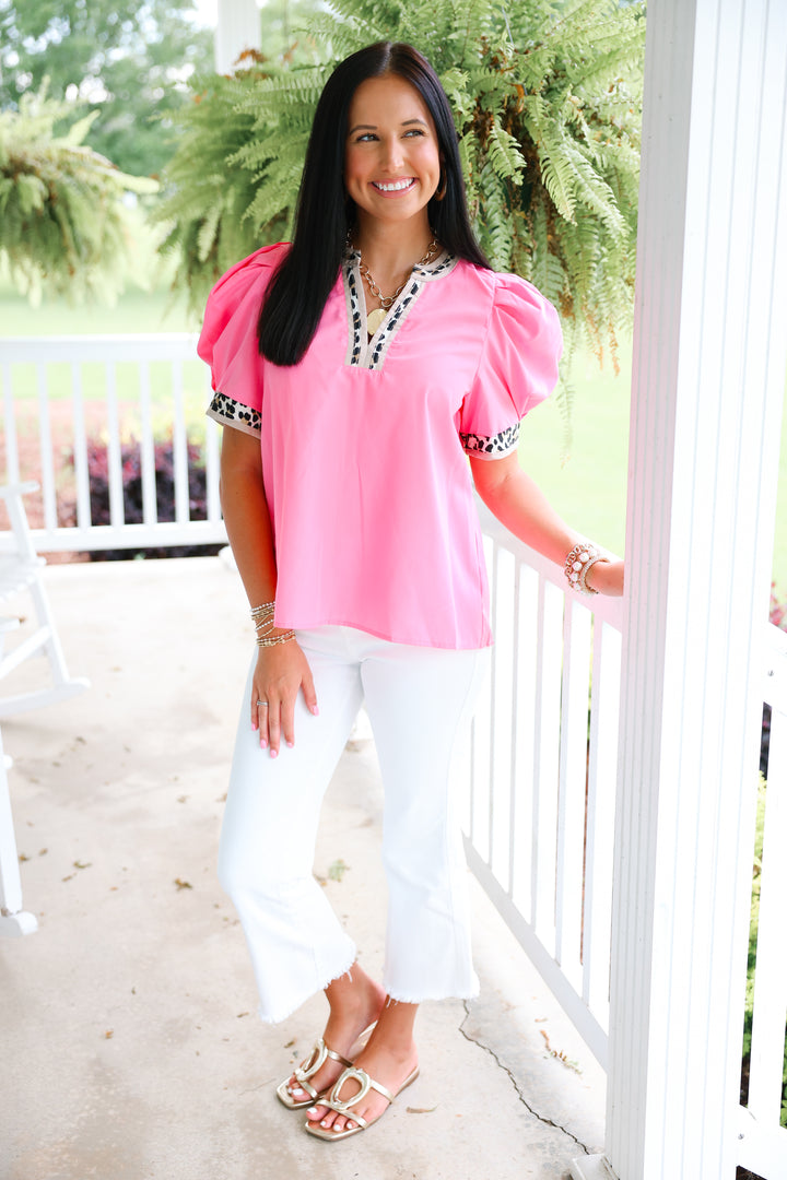 Leopard Trim Top "Pink"