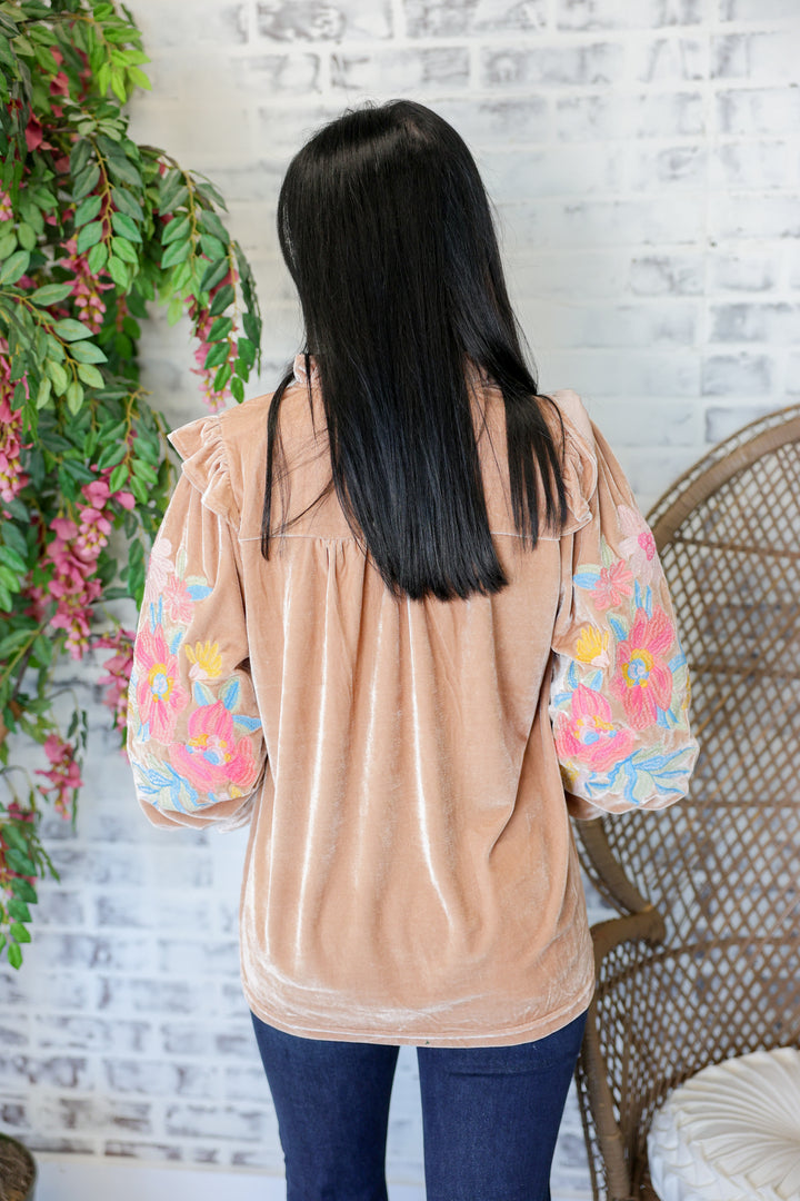 3/4 Floral Embroidery Sleeve Velvet Top "Champagne"